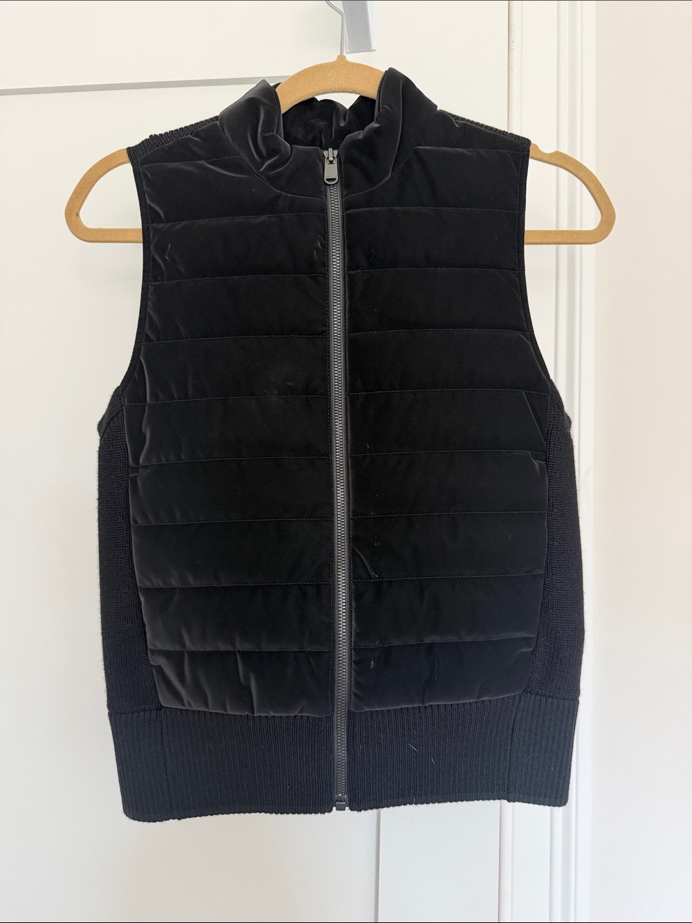 Athleta Black Quilted Zip Front Vest with Sweater Back